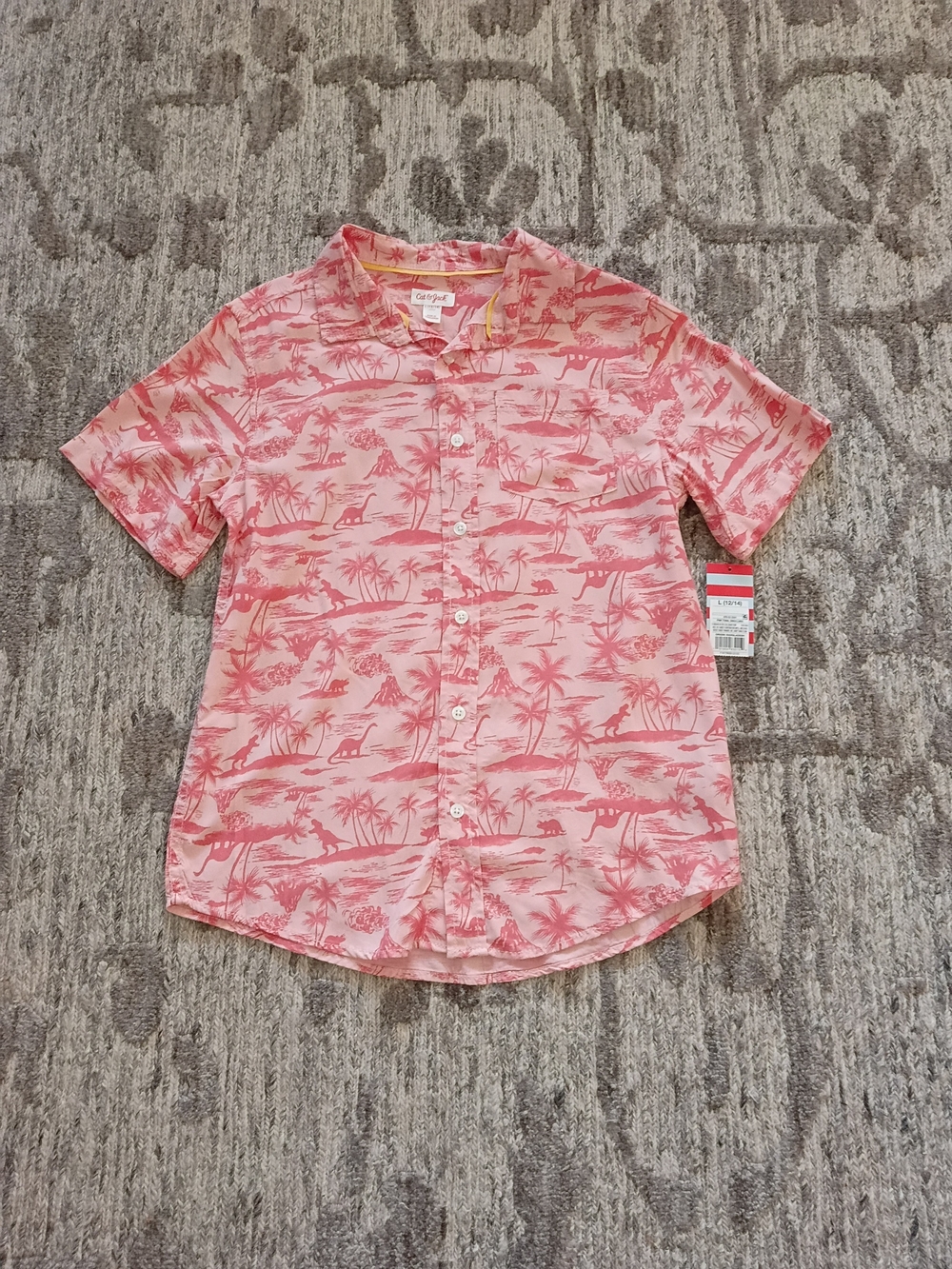Cat & Jack Coral Pink Dino Palm Short-Sleeve Button-Down Shirt